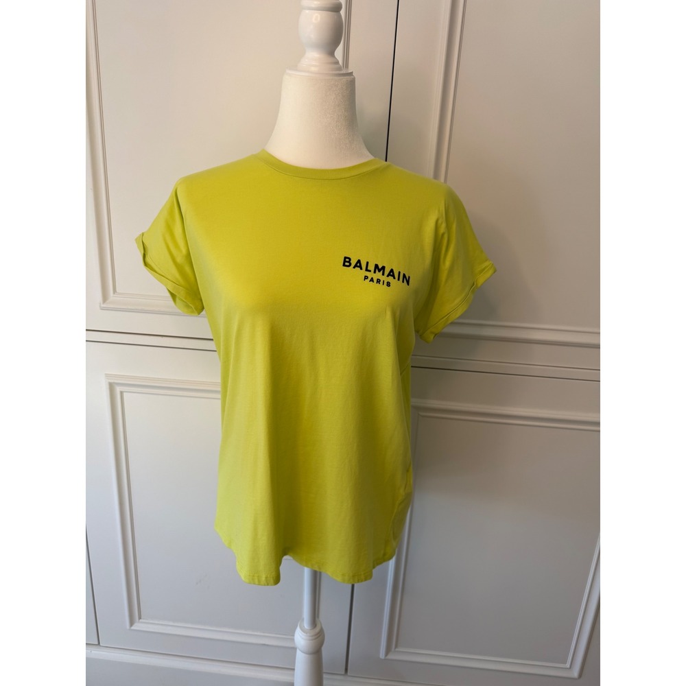 Balmain Logo T-Shirt Women XS Lime Green Very Good Rolled Cuff Cotton Tee